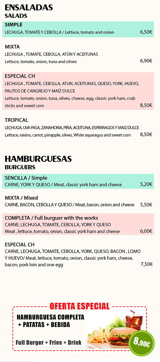 Ensaladas y hamburguesas