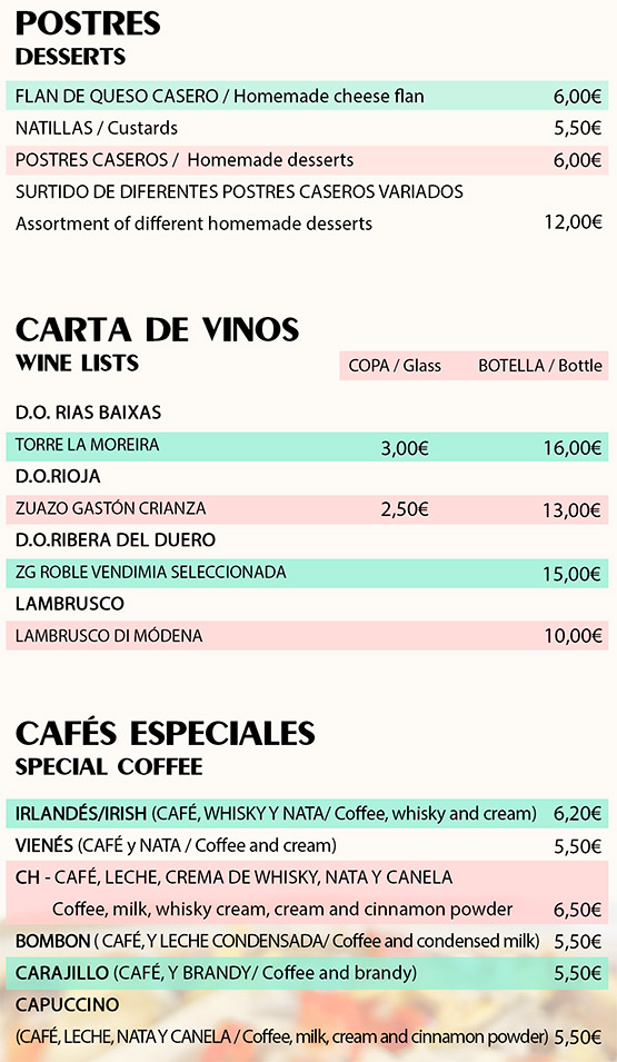 Postres, vinos, cafés