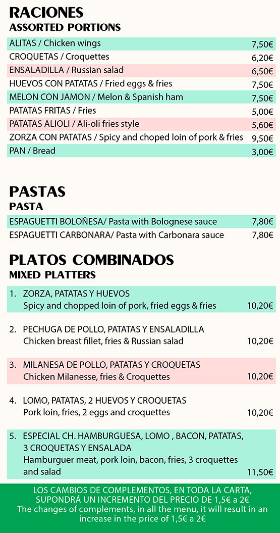 Raciones, pastas y platos combinados