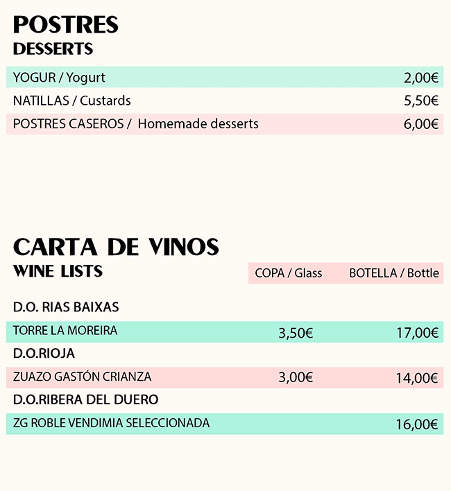 Postres y carta de vinos