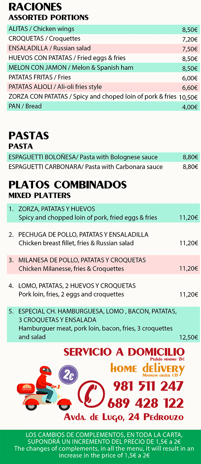 Raciones pastas y platos combinados